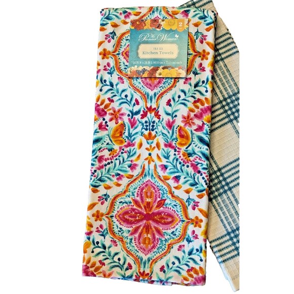 Pioneer Woman Folk Geo Floral Kitchen Towels Blue White Plaid 2-Piece Cotton - Picture 2 of 4
